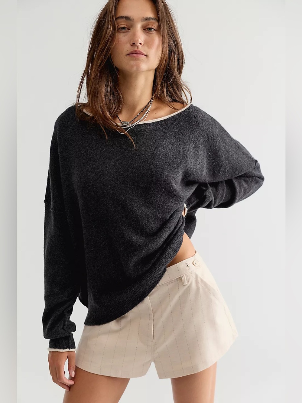 FREE PEOPLE Charcoal Oversized Boatneck Sweater